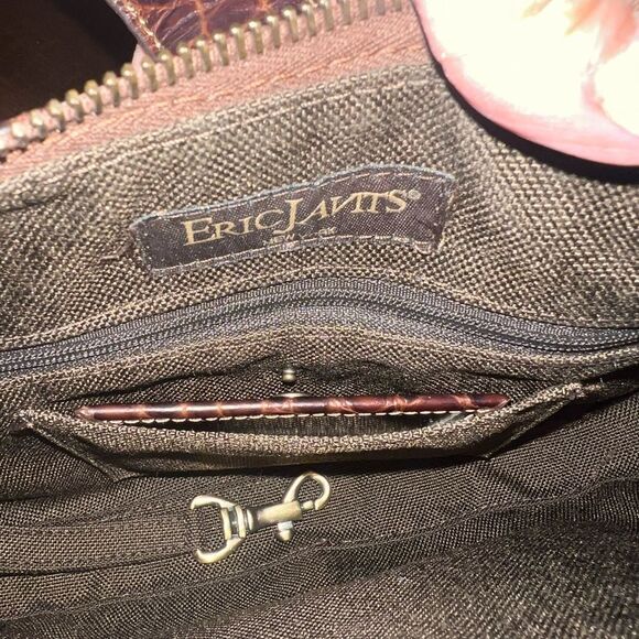 Eric Javits Handbag BrownCroc embossed Leather Push Lock Flap Zip Closure - Picture 7 of 8